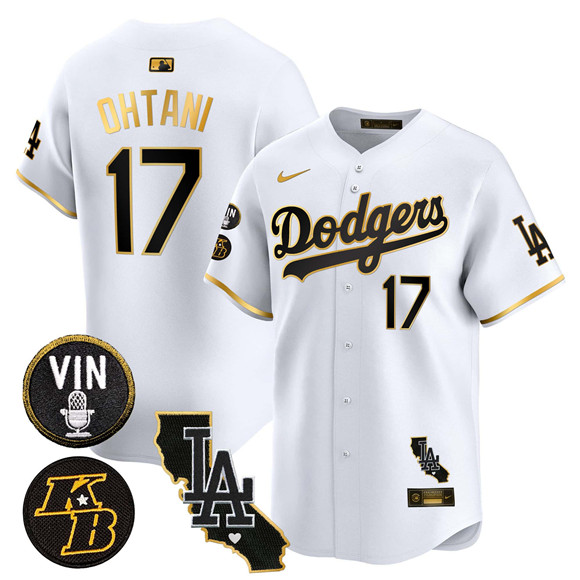 Men's Los Angeles Dodgers #17 Shohei Ohtani White Gold 2025 Vin & Kobe Patch Vapor Limited V2 Stitched Baseball Jersey Men's Los Angeles Dodgers #17 Shohei Ohtani White Gold 2025 Vin & Kobe Patch Vapor Limited V2 Stitched Baseball Jersey